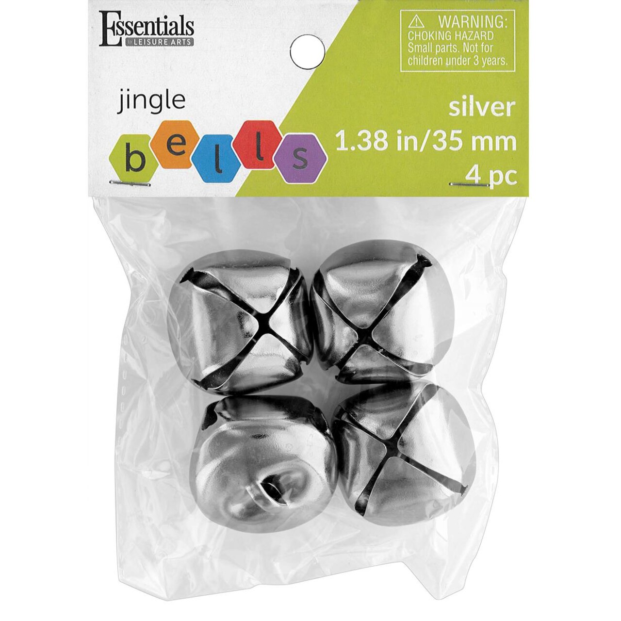 Essentials By Leisure Arts Jingle Bells 35mm Silver 4pc - Large Silver Craft Bells for Holiday Decorations, Ornaments, DIY Projects, Costumes, and Jewelry